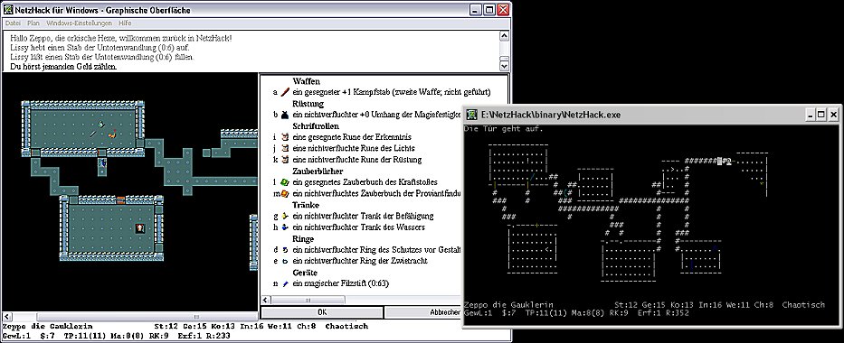 Screenshot von NetzHack, einmal grafisch und 
	einmal TTY